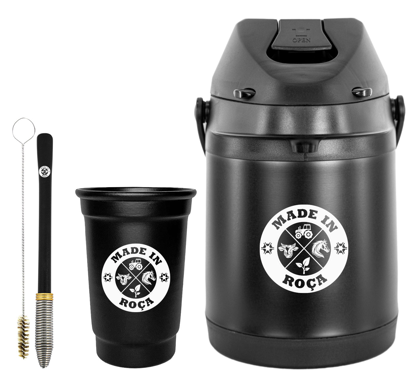 Kit Tereré Econo Copo Bomba Garrafa Térmica Preto 2.5l Logo Made in Roça