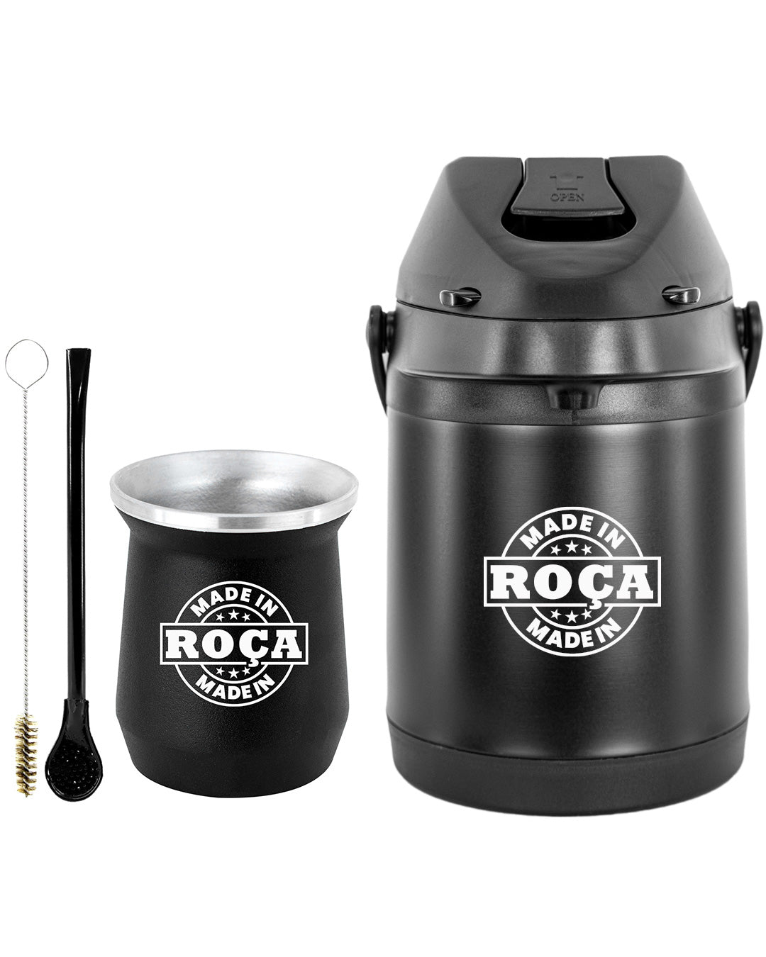 Kit Tereré Econo Copo Bomba Garrafa Térmica Preto 2.5l Escrita Made in Roça