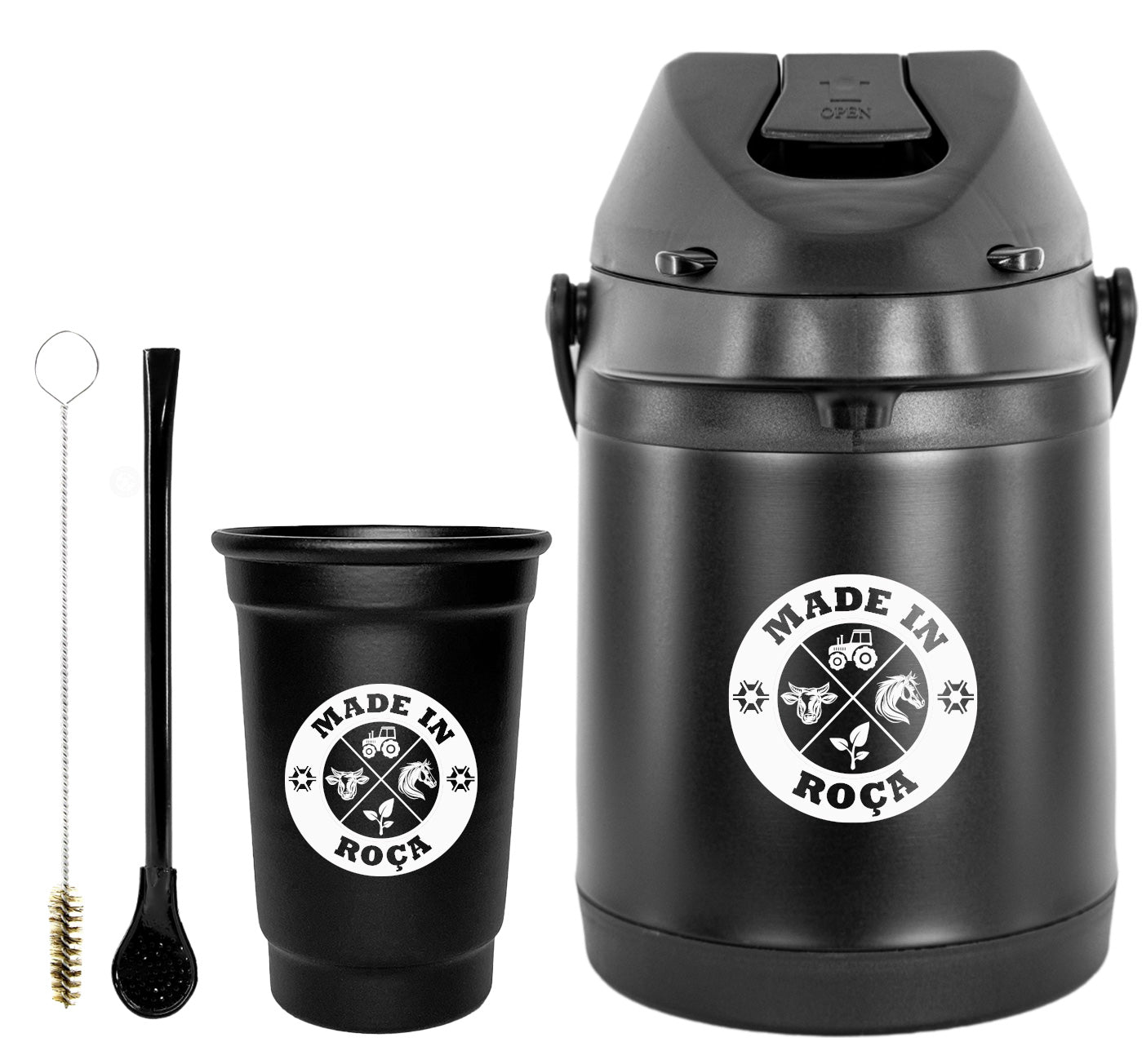 Kit Tereré Econo Copo Bomba Garrafa Térmica Preto 2.5l Logo Made in Roça