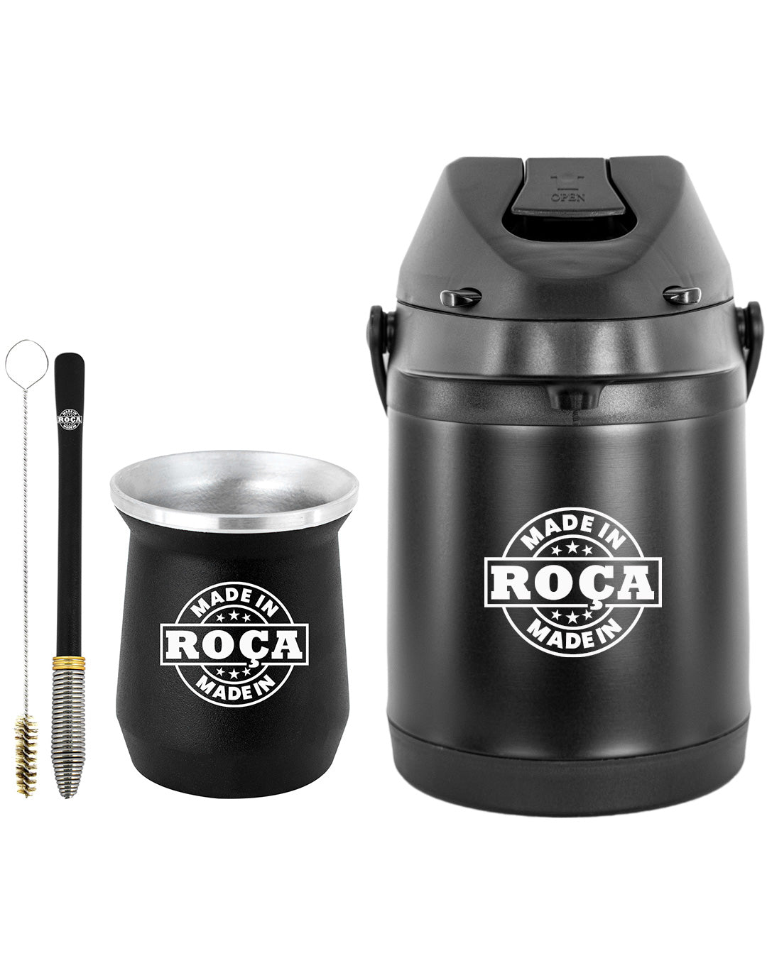 Kit Tereré Econo Copo Bomba Garrafa Térmica Preto 2.5l Escrita Made in Roça