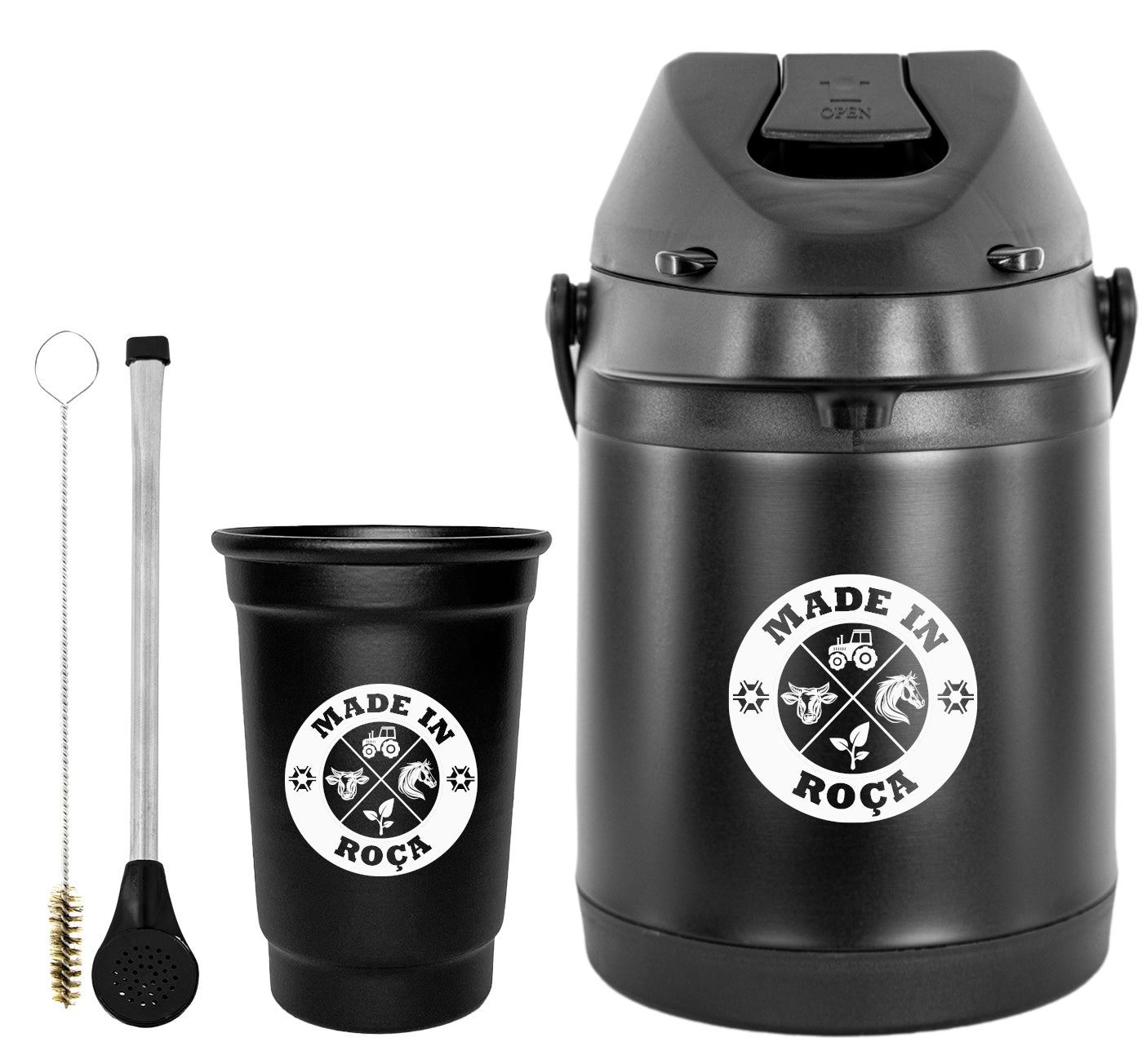Kit Tereré Econo Copo Bomba Garrafa Térmica Preto 2.5l Logo Made in Roça