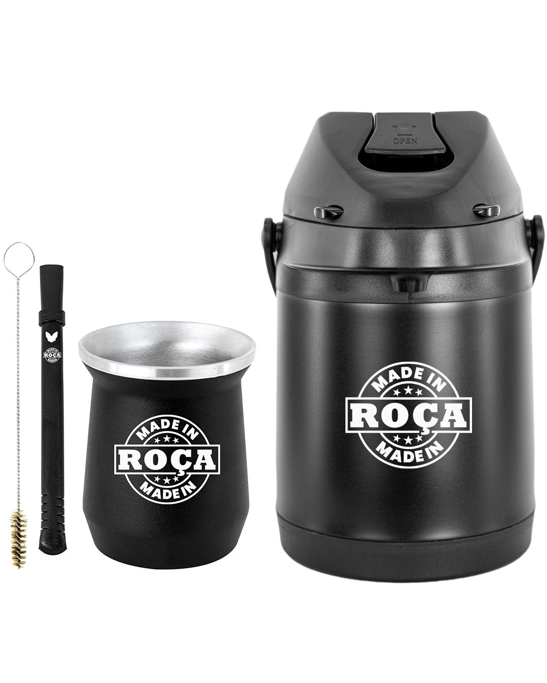 Kit Tereré Econo Copo Bomba Garrafa Térmica Preto 2.5l Escrita Made in Roça