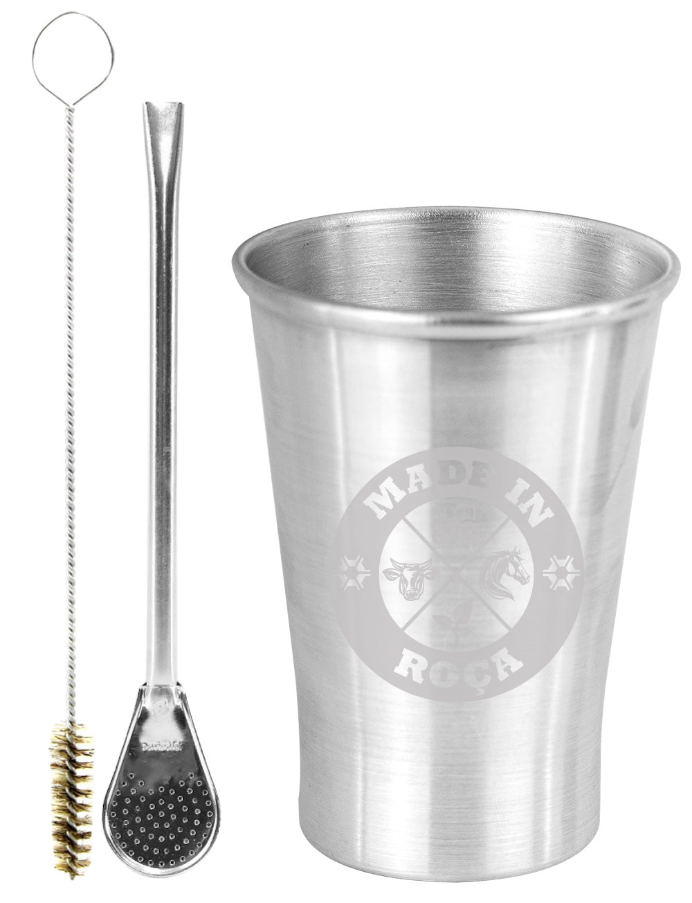Kit Tereré Copo Cuia Econo Bomba Silver Logo Made in Roça