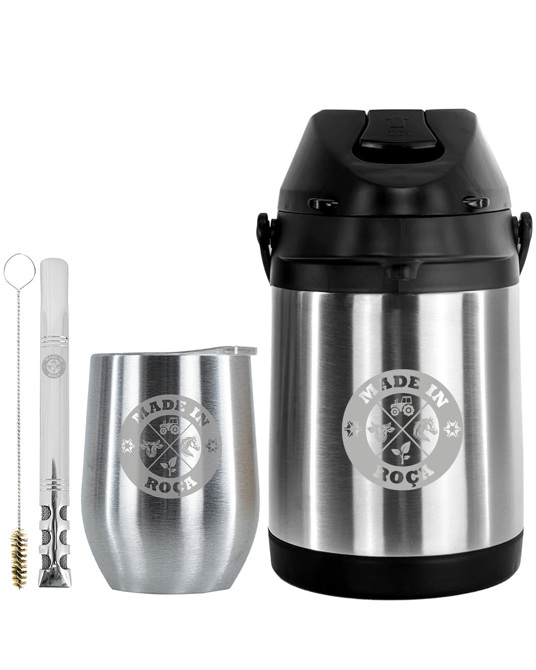 Kit Tereré Premium Copo Bomba Garrafa Térmica Inox 2.5l Logo Made In Roça