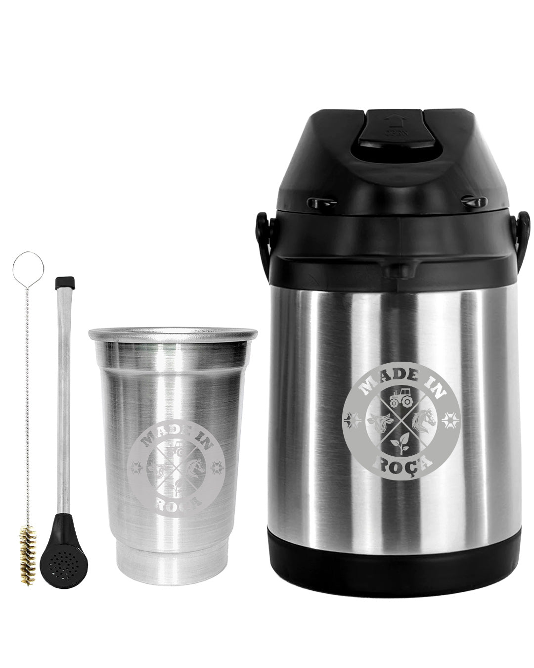 Kit Tereré Econo Copo Bomba Garrafa Térmica Inox 2.5l Logo Made in Roça