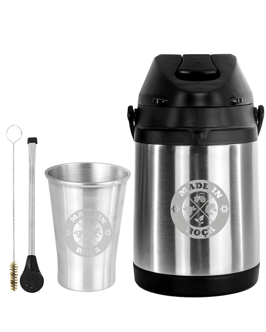 Kit Tereré Econo Copo Bomba Garrafa Térmica Inox 2.5l Logo Made in Roça
