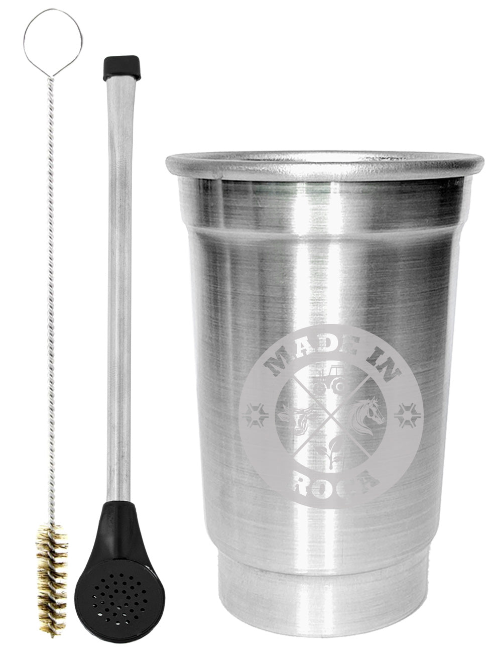 Kit Tereré Copo Cuia Econo Bomba Silver Logo Made in Roça
