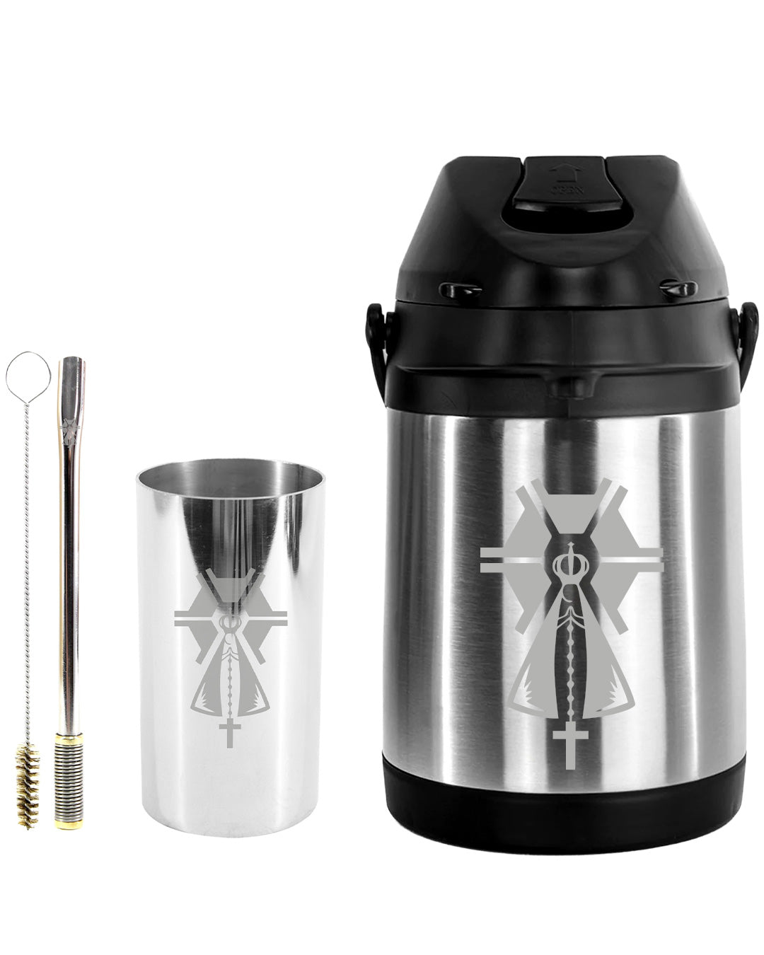 Kit Tereré Premium Copo Bomba Garrafa Térmica Inox 2.5l Nossa Senhora Agro