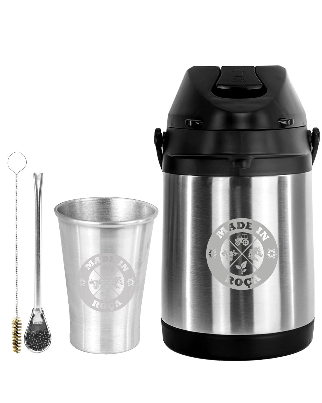 Kit Tereré Econo Copo Bomba Garrafa Térmica Inox 2.5l Logo Made in Roça