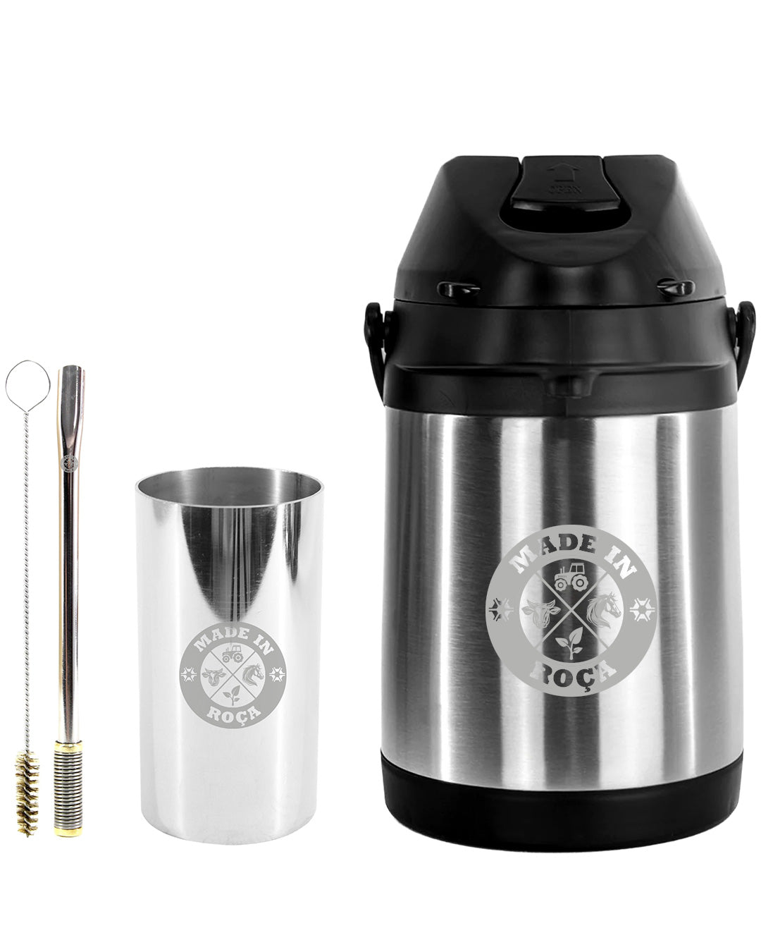 Kit Tereré Premium Copo Bomba Garrafa Térmica Inox 2.5l Logo Made In Roça