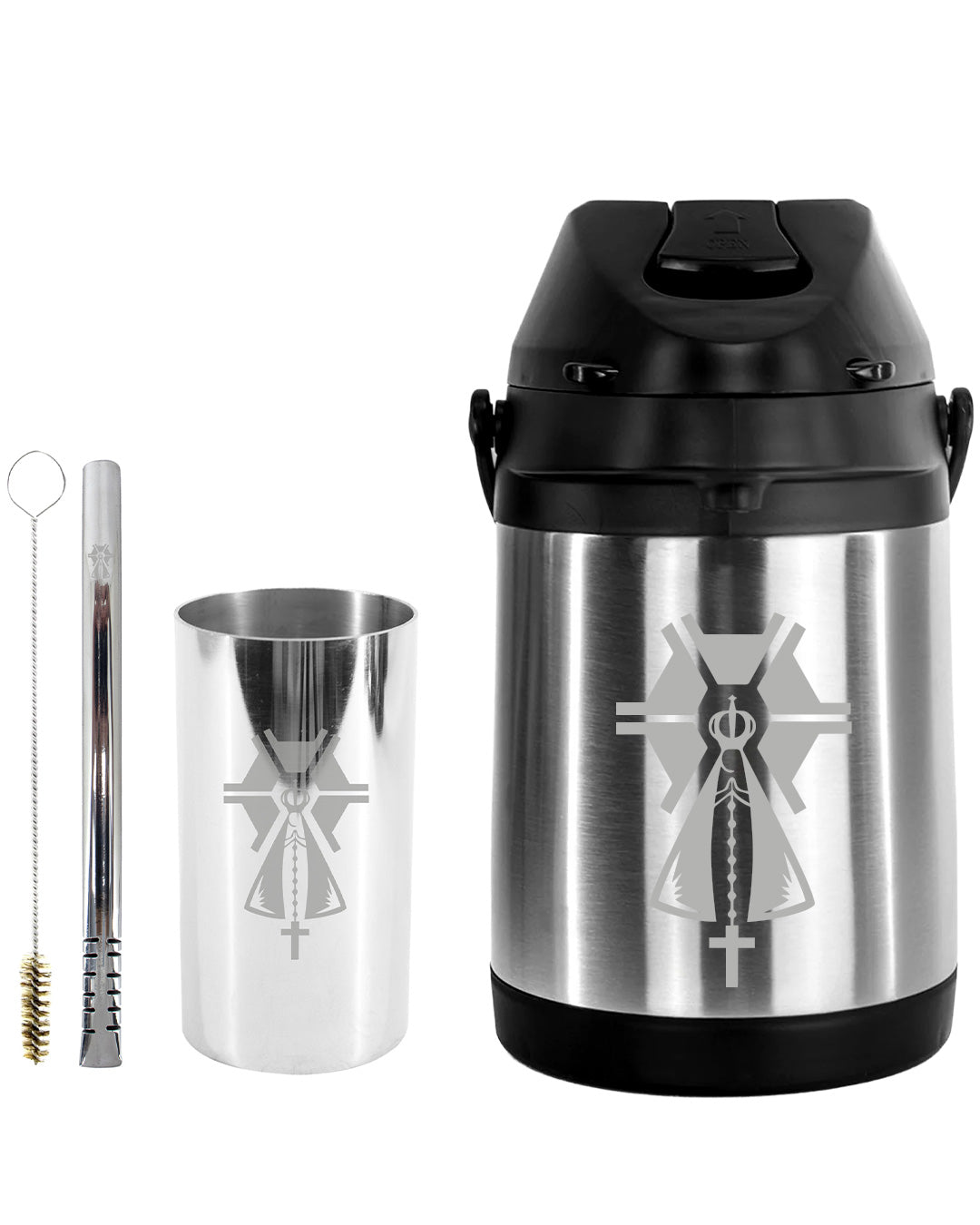 Kit Tereré Premium Copo Bomba Garrafa Térmica Inox 2.5l Nossa Senhora Agro