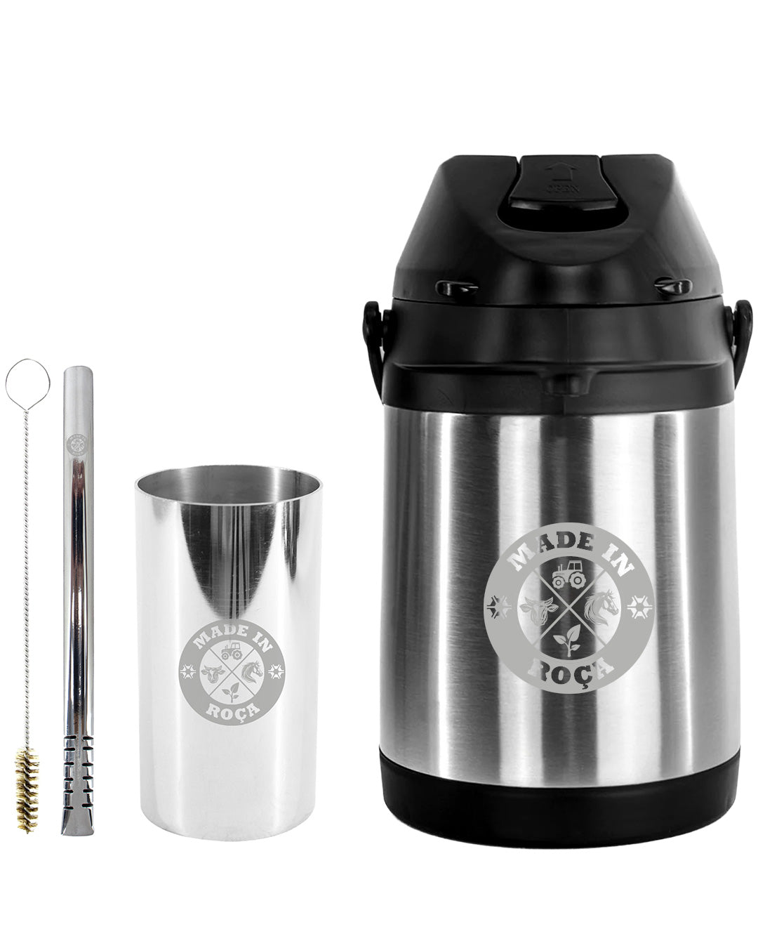 Kit Tereré Premium Copo Bomba Garrafa Térmica Inox 2.5l Logo Made In Roça