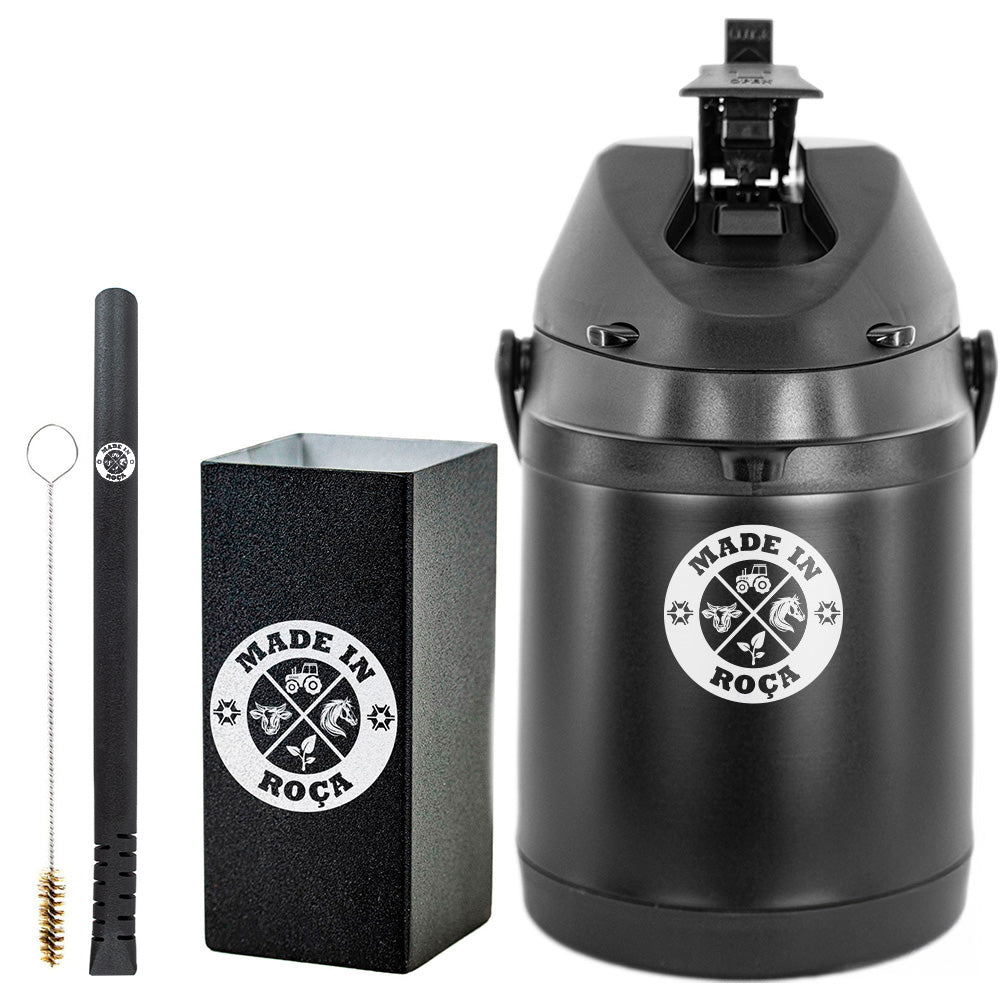 Kit Tereré Premium Copo Bomba Garrafa Térmica Preto 2.5l Logo Made in Roça