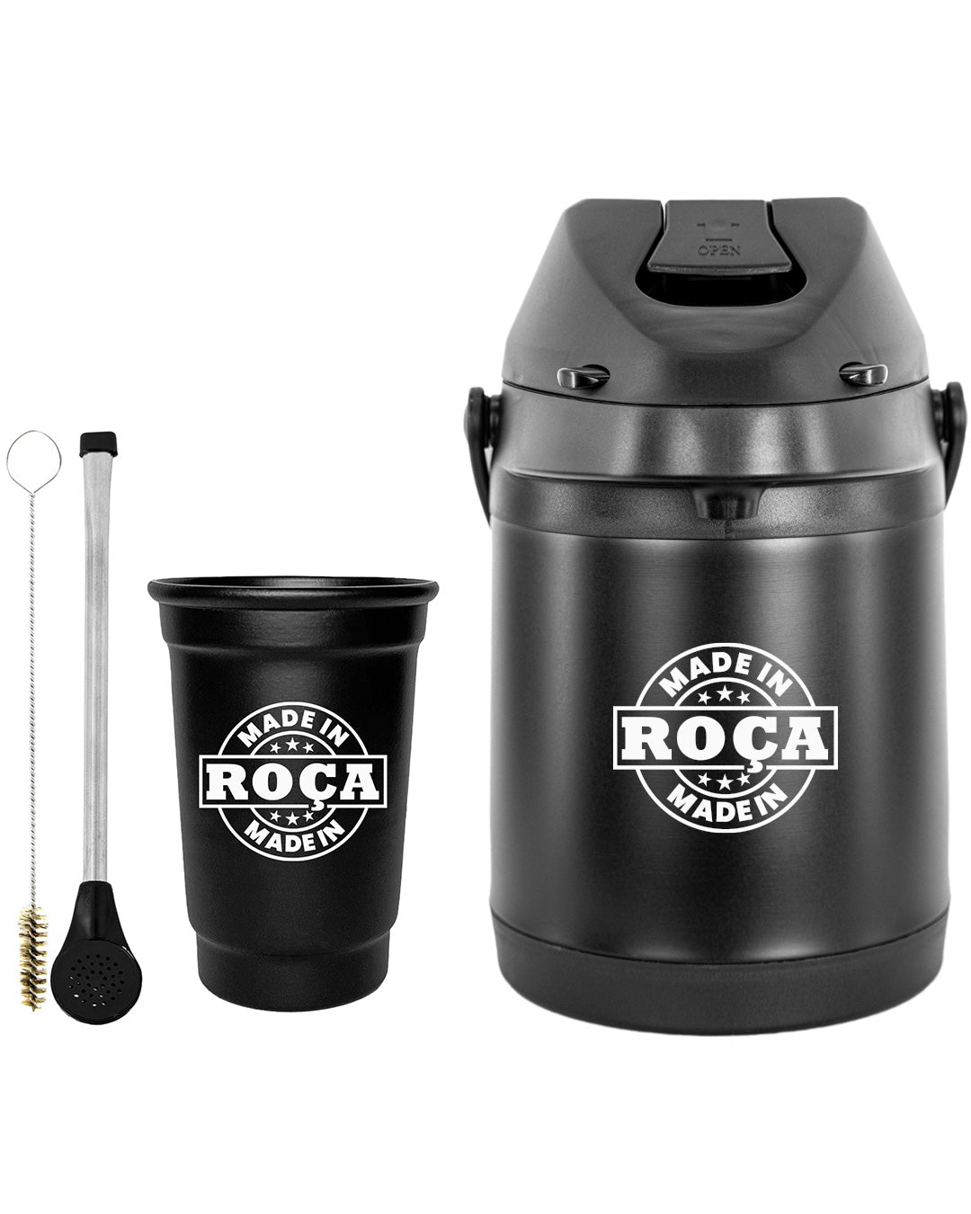 Kit Tereré Econo Copo Bomba Garrafa Térmica Preto 2.5l Escrita Made in Roça