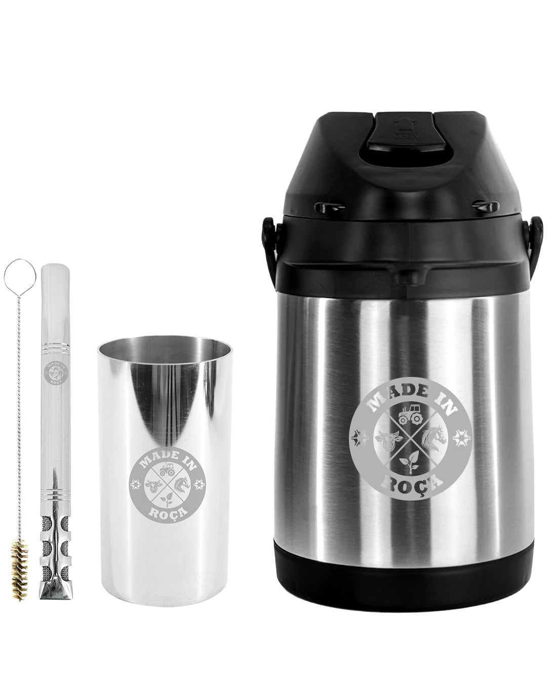 Kit Tereré Premium Copo Bomba Garrafa Térmica Inox 2.5l Logo Made In Roça