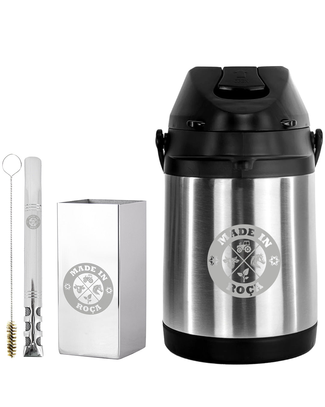 Kit Tereré Premium Copo Bomba Garrafa Térmica Inox 2.5l Logo Made In Roça