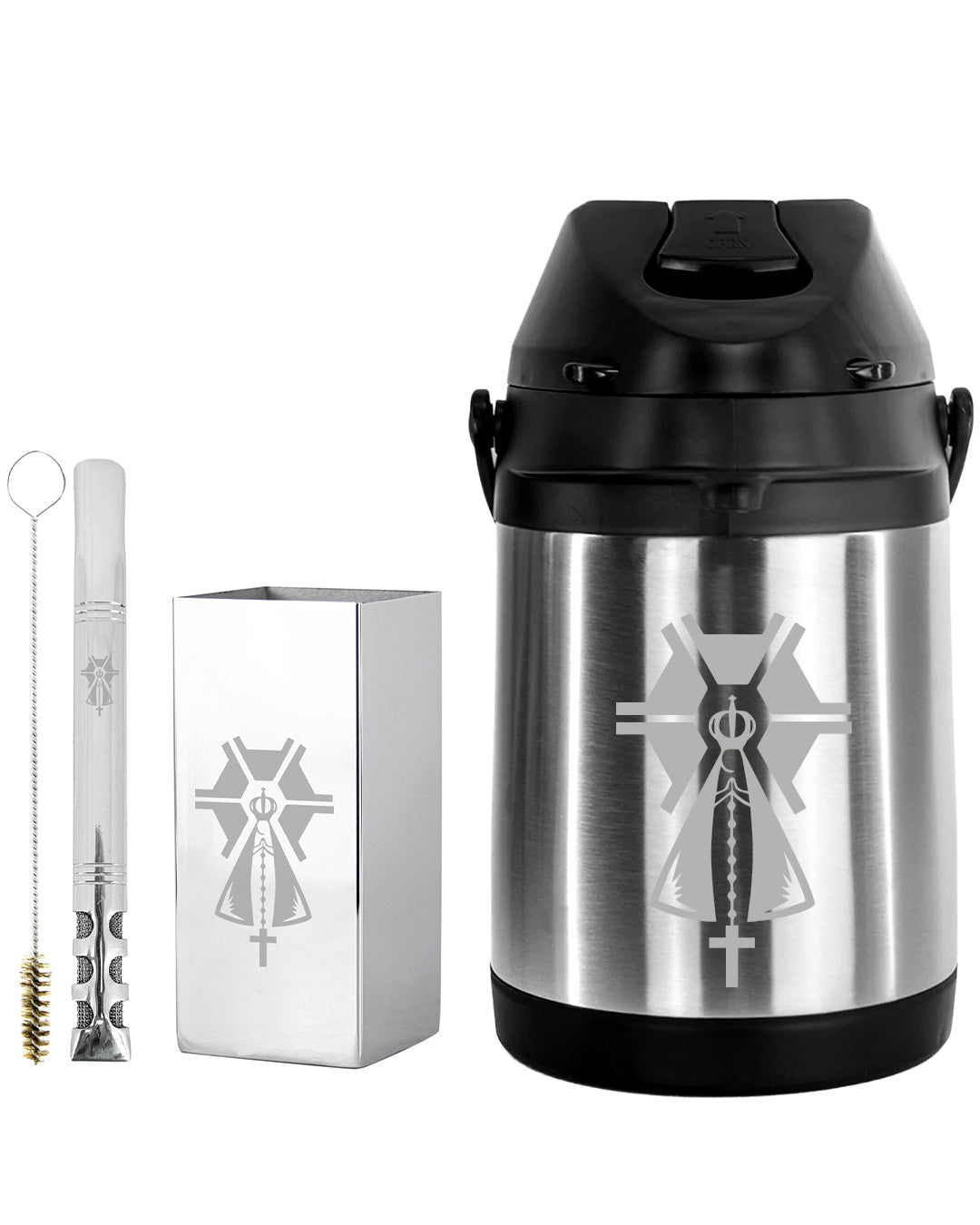 Kit Tereré Premium Copo Bomba Garrafa Térmica Inox 2.5l Nossa Senhora Agro
