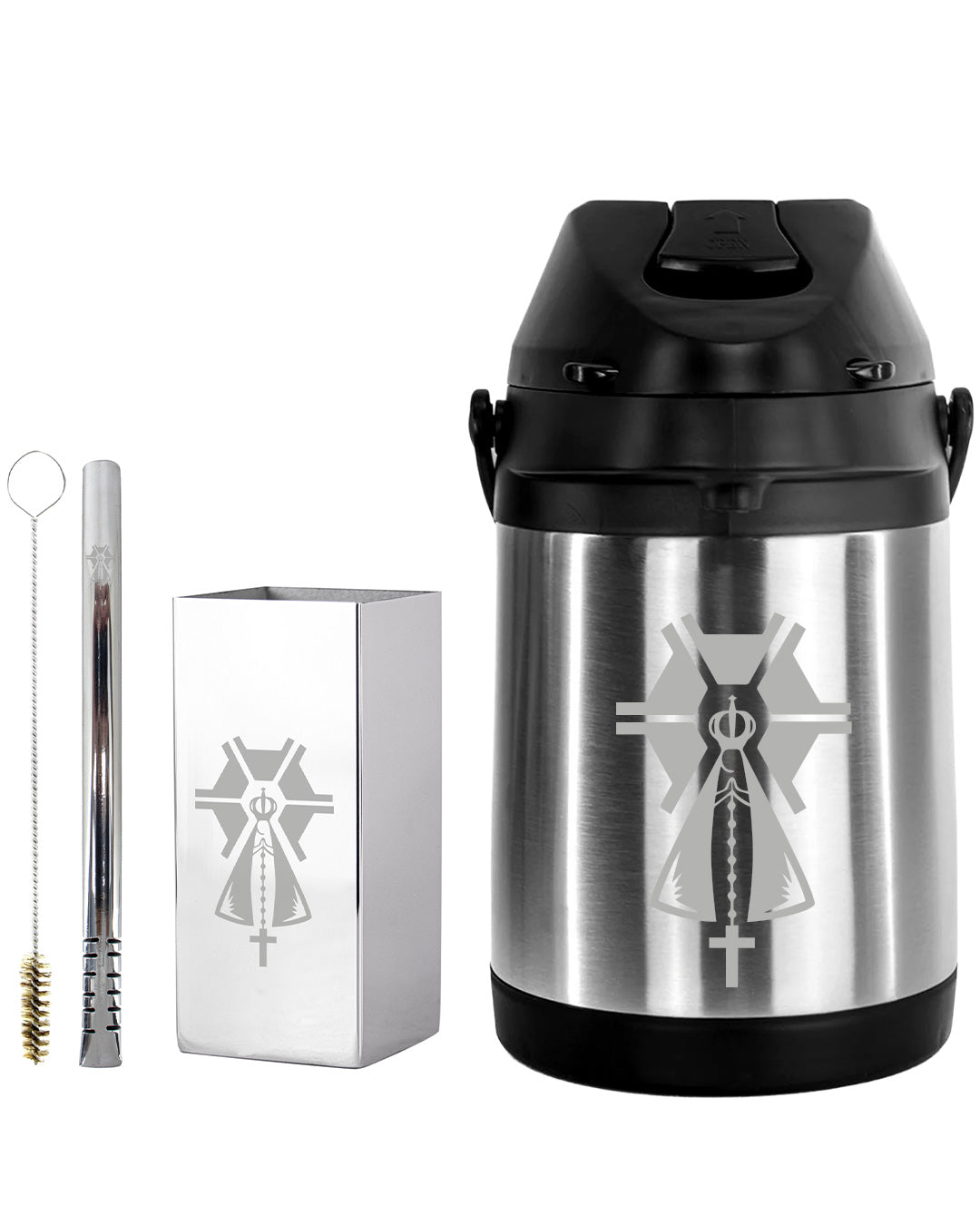 Kit Tereré Premium Copo Bomba Garrafa Térmica Inox 2.5l Nossa Senhora Agro