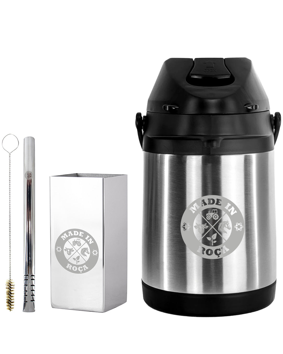 Kit Tereré Premium Copo Bomba Garrafa Térmica Inox 2.5l Logo Made In Roça