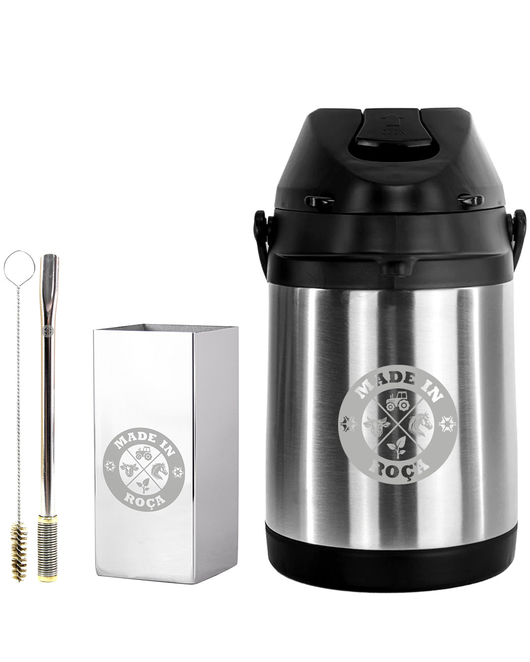 Kit Tereré Premium Copo Bomba Garrafa Térmica Inox 2.5l Logo Made In Roça