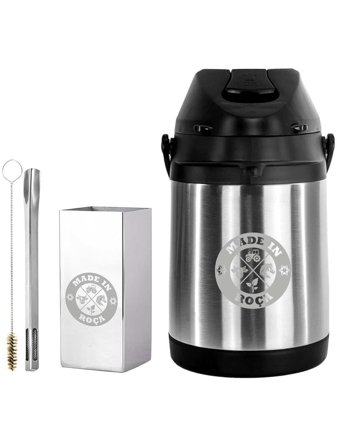 Kit Tereré Premium Copo Bomba Garrafa Térmica Inox 2.5l Logo Made In Roça