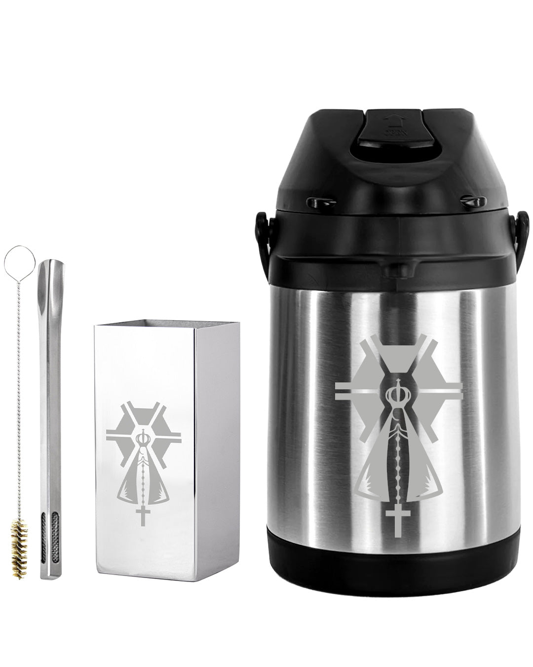 Kit Tereré Premium Copo Bomba Garrafa Térmica Inox 2.5l Nossa Senhora Agro