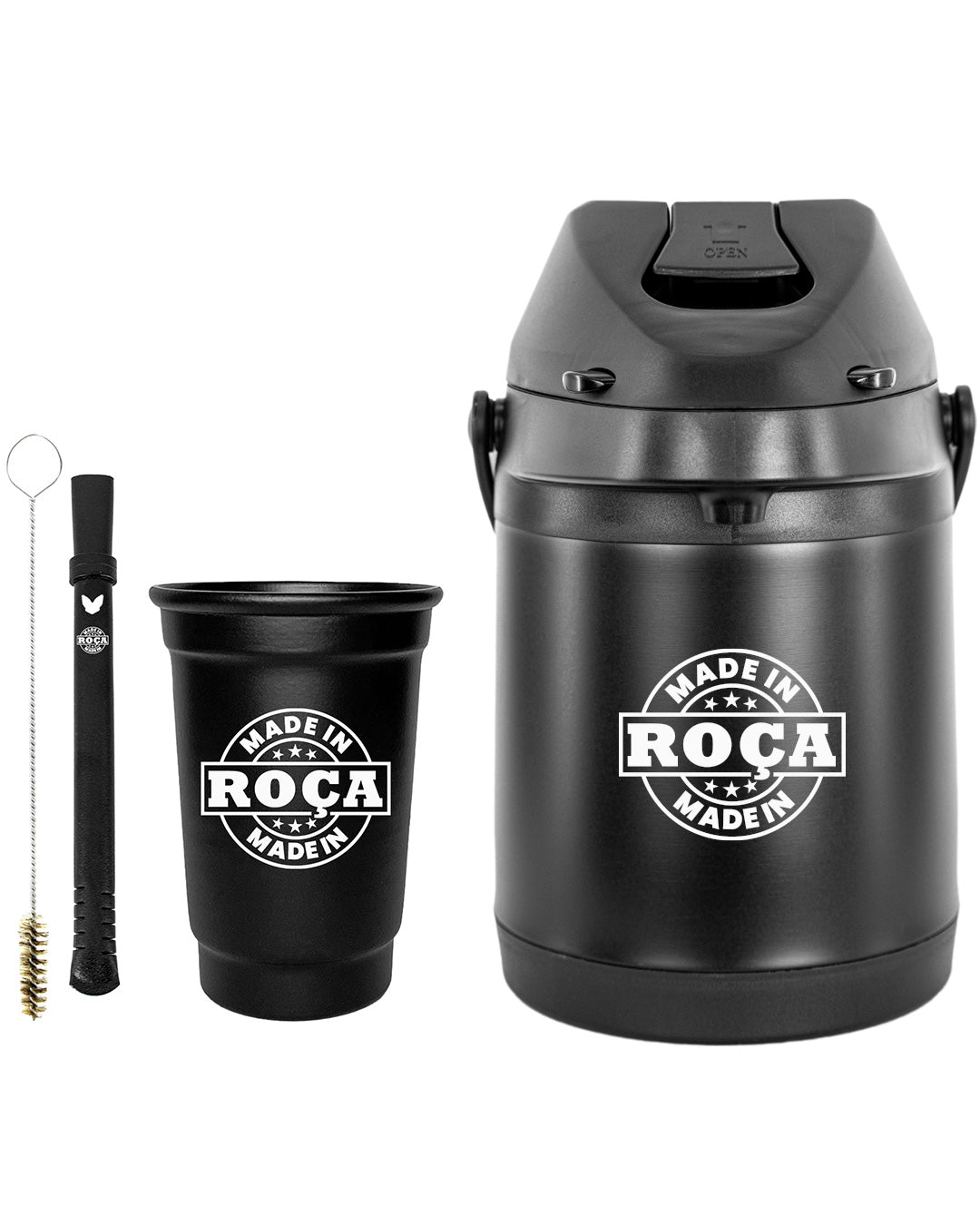 Kit Tereré Econo Copo Bomba Garrafa Térmica Preto 2.5l Escrita Made in Roça