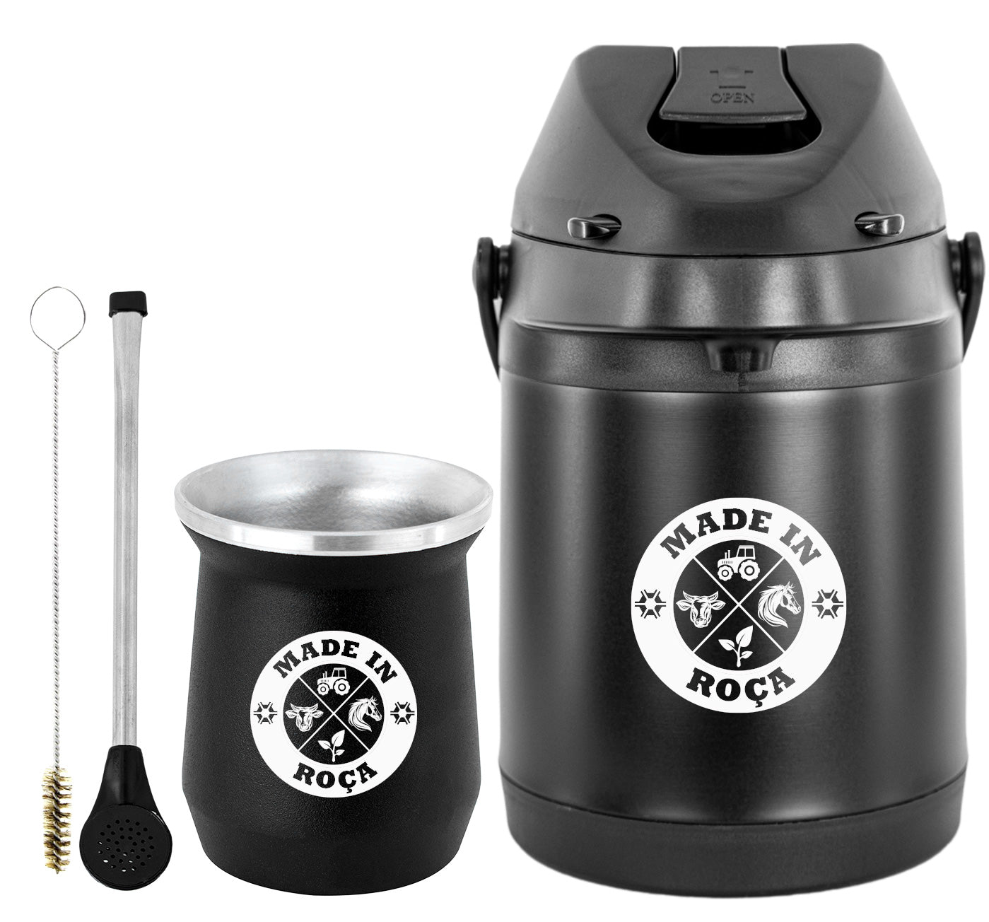 Kit Tereré Econo Copo Bomba Garrafa Térmica Preto 2.5l Logo Made in Roça