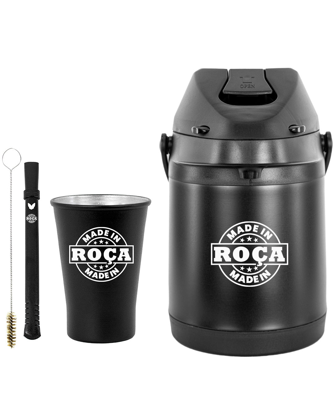 Kit Tereré Econo Copo Bomba Garrafa Térmica Preto 2.5l Escrita Made in Roça