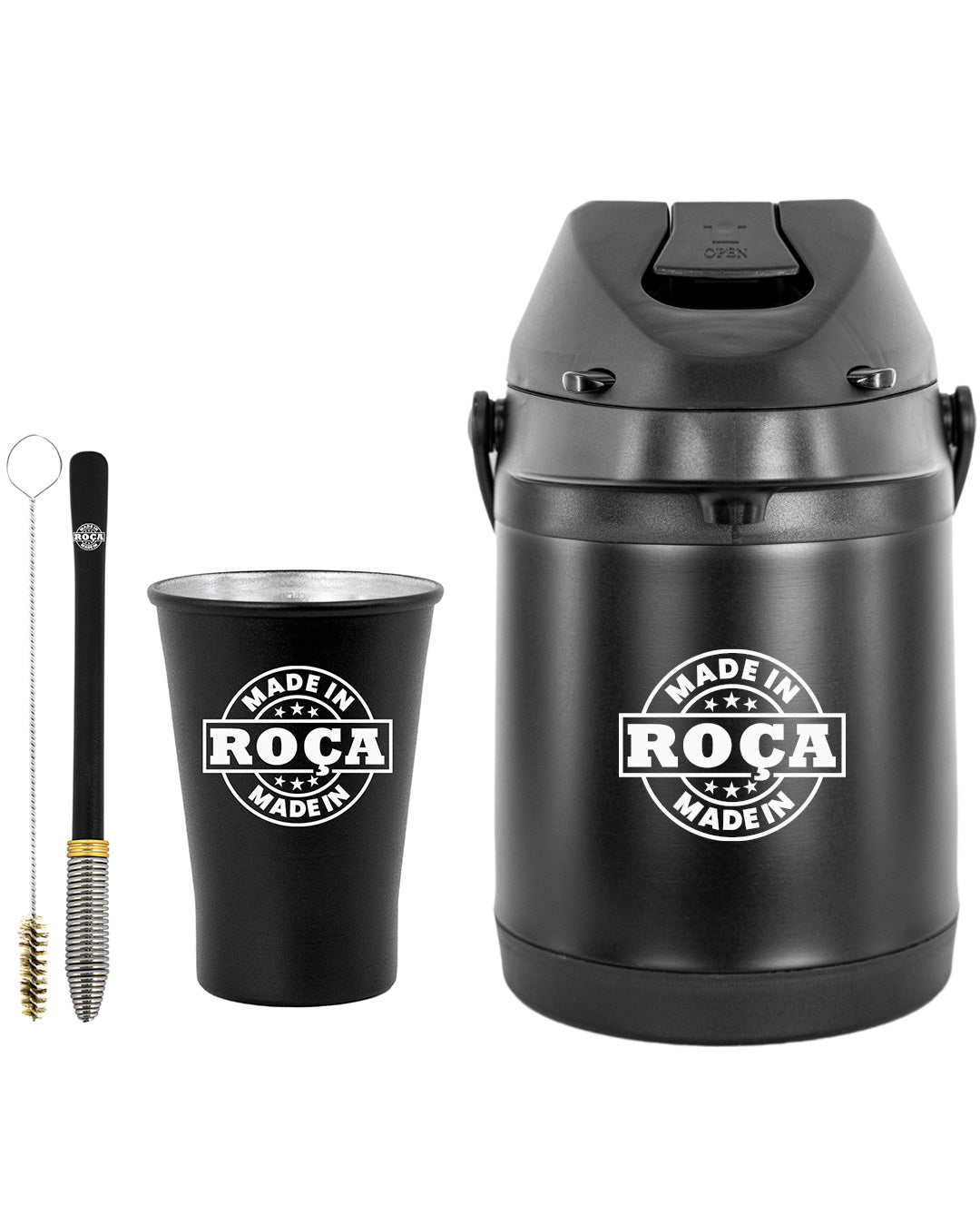 Kit Tereré Econo Copo Bomba Garrafa Térmica Preto 2.5l Escrita Made in Roça