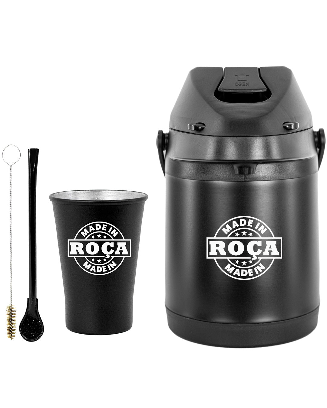 Kit Tereré Econo Copo Bomba Garrafa Térmica Preto 2.5l Escrita Made in Roça