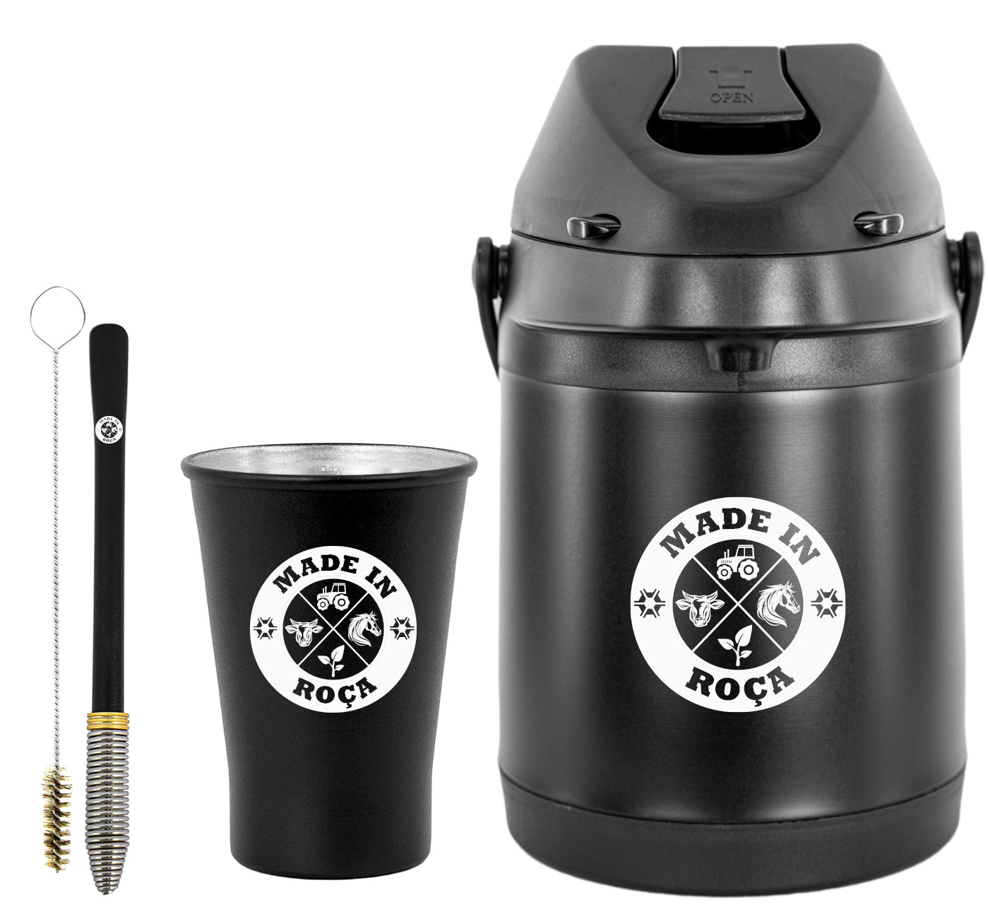 Kit Tereré Econo Copo Bomba Garrafa Térmica Preto 2.5l Logo Made in Roça