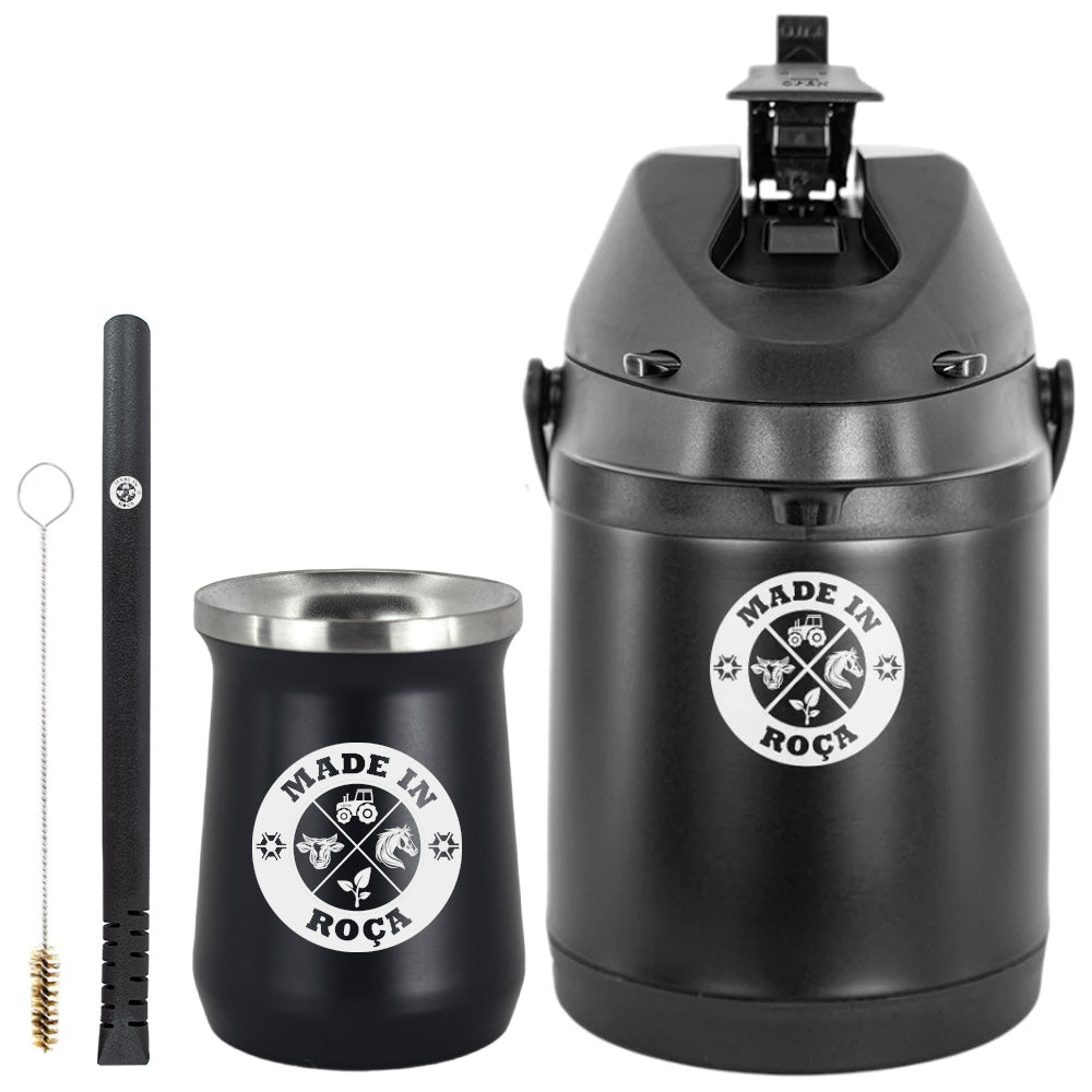 Kit Tereré Premium Copo Bomba Garrafa Térmica Preto 2.5l Logo Made in Roça