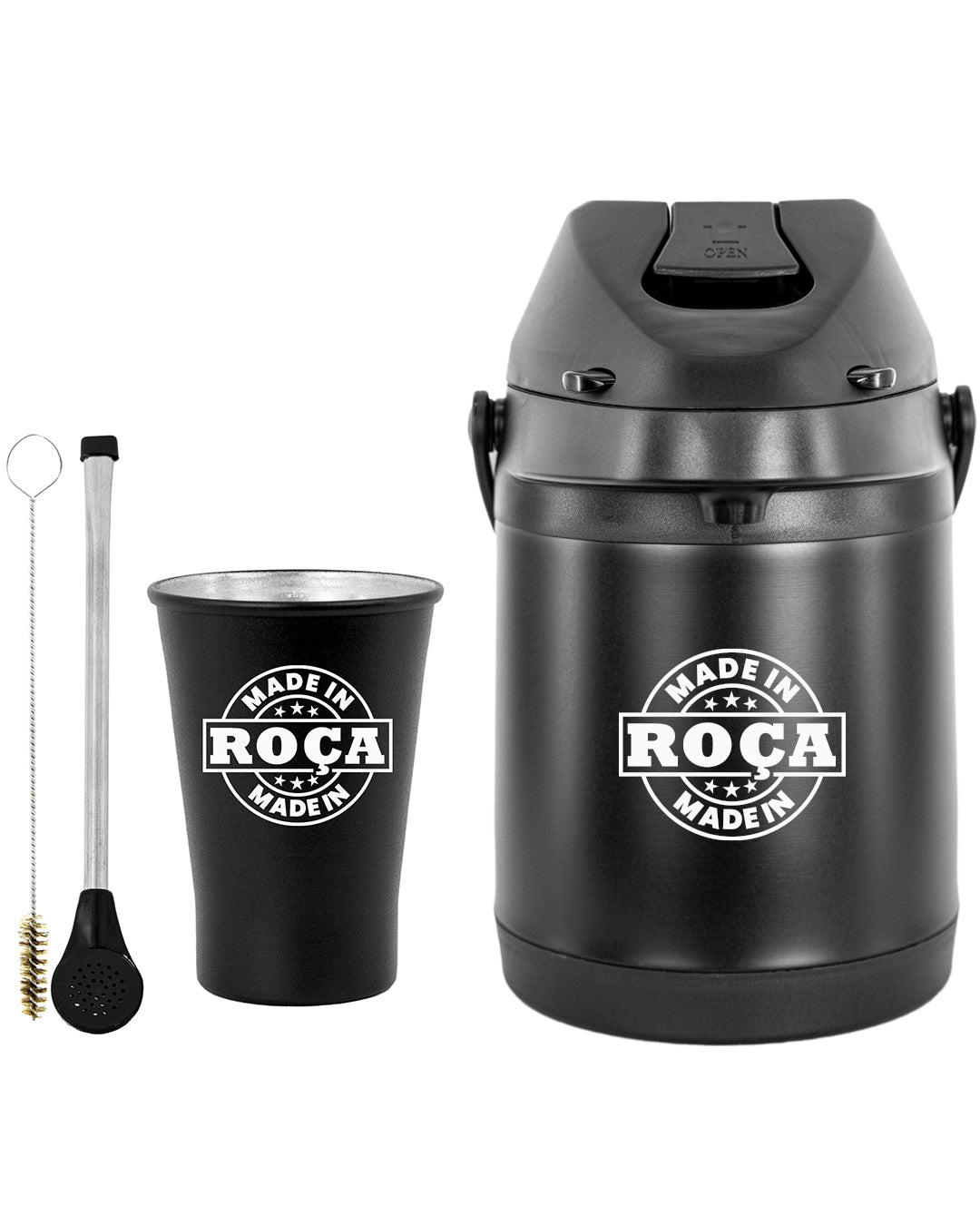 Kit Tereré Econo Copo Bomba Garrafa Térmica Preto 2.5l Escrita Made in Roça