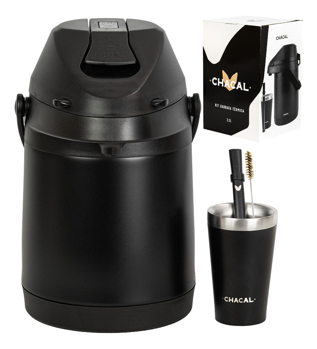 Kit Tereré Chacal Copo Bomba Garrafa Térmica Inox Preto 2.5l