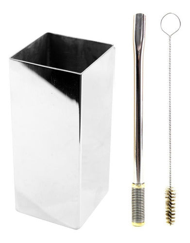 Kit Bomba E Copo Quadrado Terere Aço Inox Silver - Escolha a Bomba