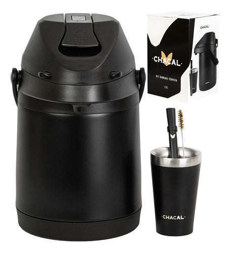 Kit Tereré Chacal Copo Bomba Garrafa Térmica Inox Preto 2.5l