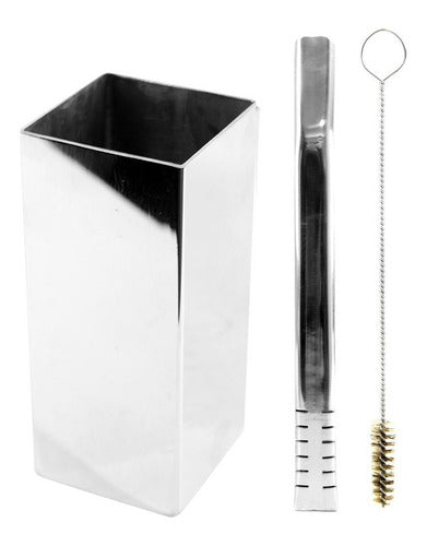 Kit Bomba E Copo Quadrado Terere Aço Inox Silver - Escolha a Bomba