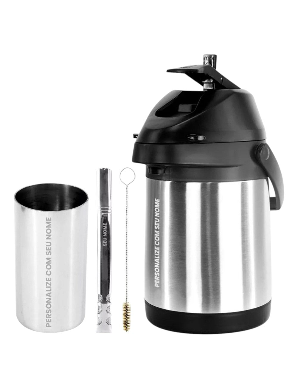 Kit Tereré Inox Garrafa Copo Redondo Bomba v6 Inox - Personalize Seu Nome