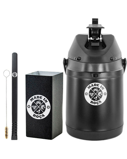 Kit Tereré Premium Copo Bomba Garrafa Térmica Preto 2.5l Logo Made in Roça