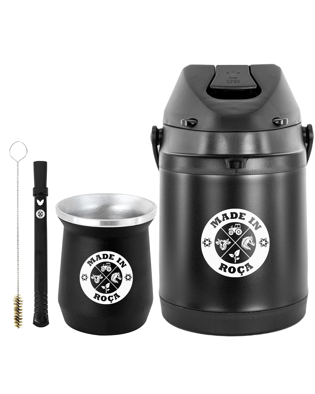 Kit Tereré Econo Copo Bomba Garrafa Térmica Preto 2.5l Logo Made in Roça