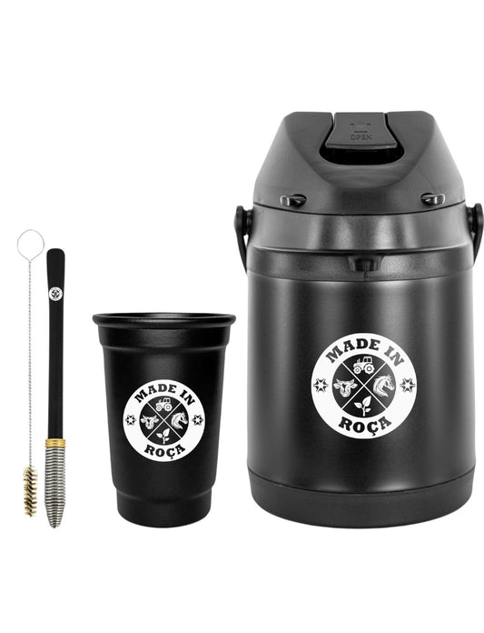Kit Tereré Econo Copo Bomba Garrafa Térmica Preto 2.5l Logo Made in Roça