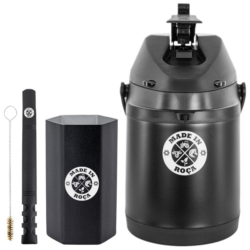 Kit Tereré Premium Copo Bomba Garrafa Térmica Preto 2.5l Logo Made in Roça