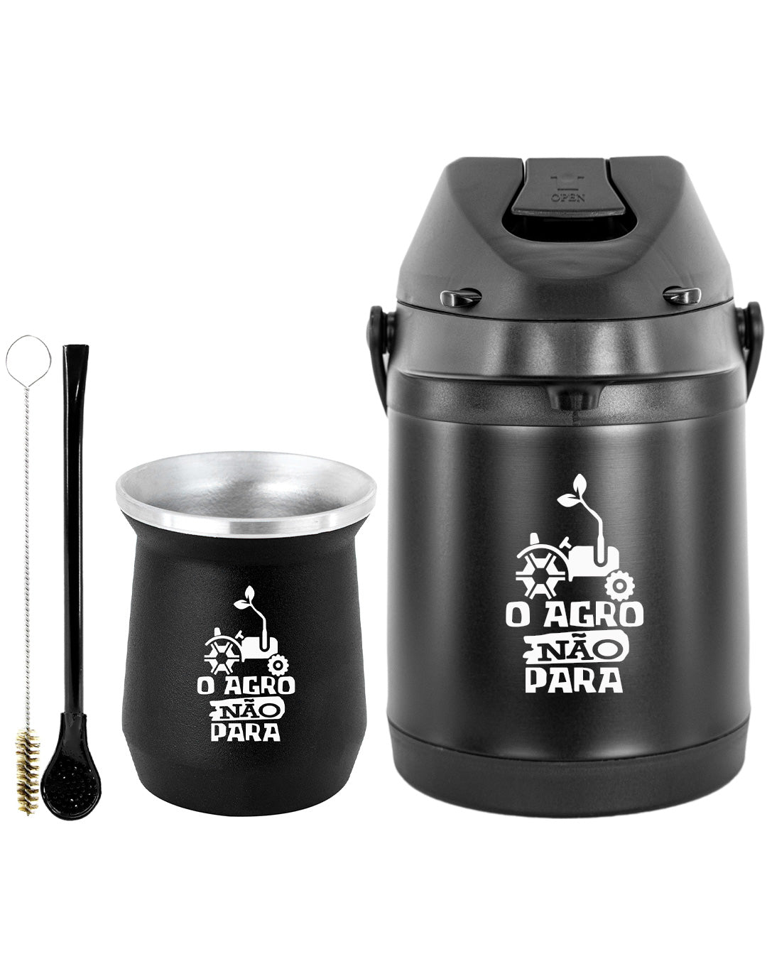 Kit Tereré Econo Copo Bomba Garrafa Térmica Preto 2.5l O Agro Não Para