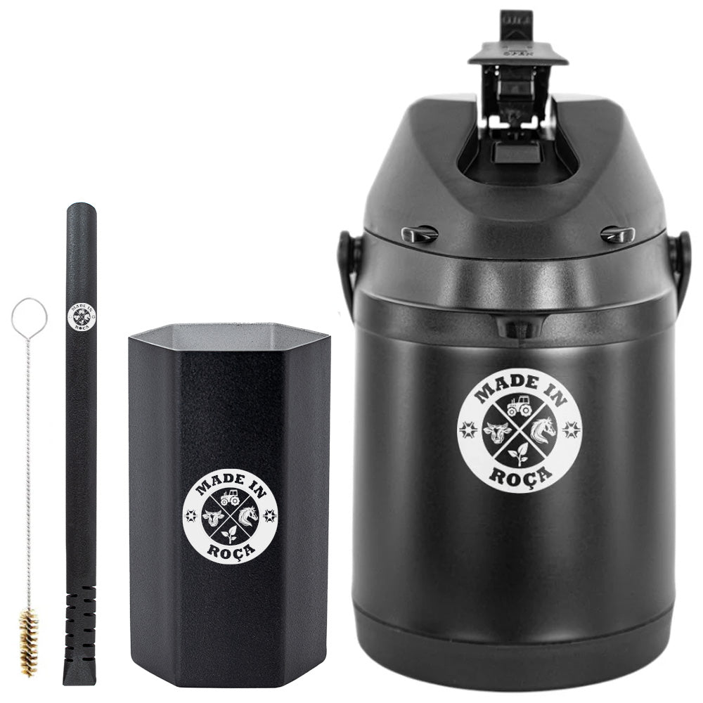 Kit Tereré Premium Copo Bomba Garrafa Térmica Preto 2.5l Logo Made in Roça