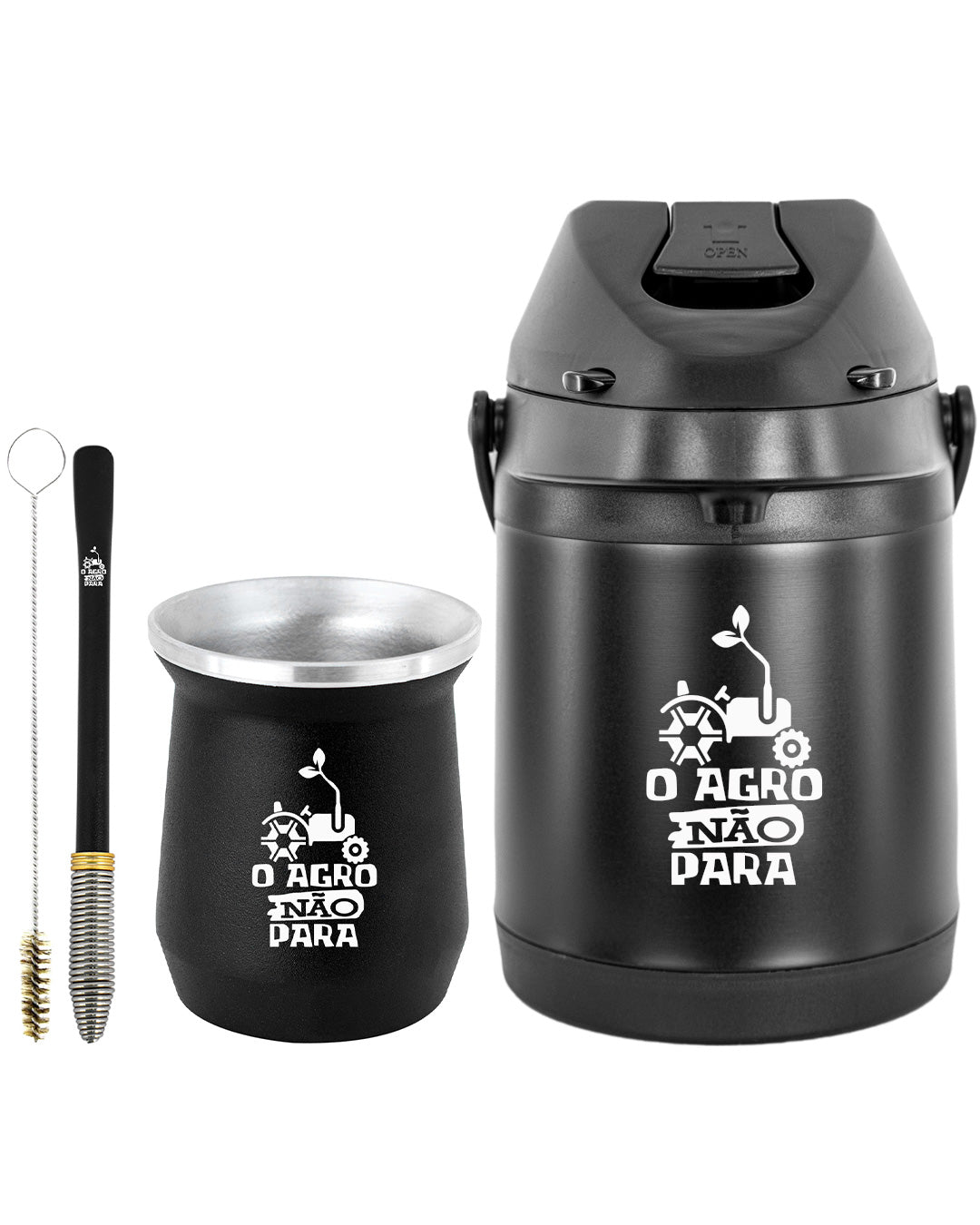 Kit Tereré Econo Copo Bomba Garrafa Térmica Preto 2.5l O Agro Não Para