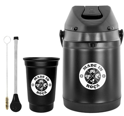 Kit Tereré Econo Copo Bomba Garrafa Térmica Preto 2.5l Logo Made in Roça