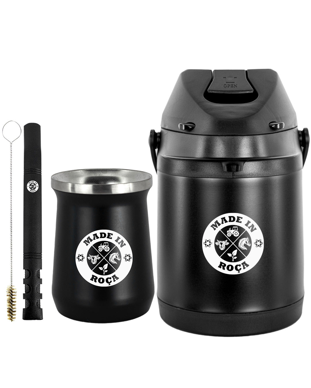 Kit Tereré Premium Copo Bomba Garrafa Térmica Preto 2.5l Logo Made in Roça