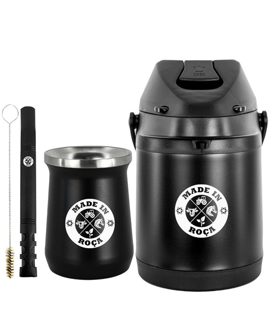 Kit Tereré Premium Copo Bomba Garrafa Térmica Preto 2.5l Logo Made in Roça