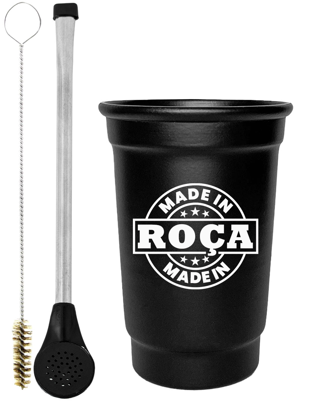 Kit Tereré Copo Cuia Econo Bomba Preto Escrita Made in Roça